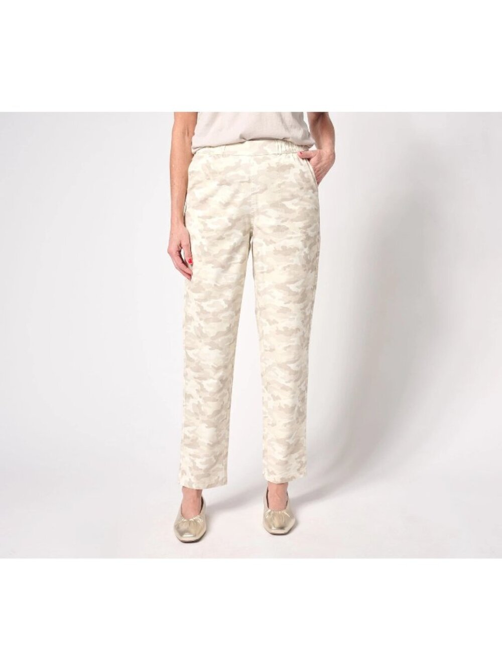 Denim & Co Pant XL Regular EasyWear Twill Straight Leg Pockets Stone Khaki Camo